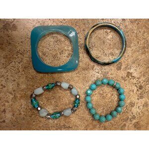 Set Of 4 Turquoise Blue Bracelets With Gemstone & Bead Design Featuring Square &